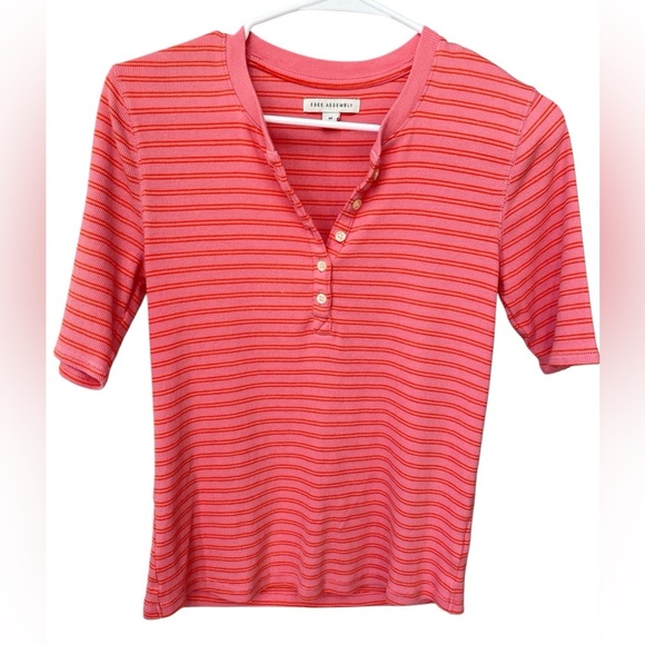 Free Assembly Striped Ribbed Henley Top Women’s Medium Pink Short Sleeve Y2K - Picture 6 of 7